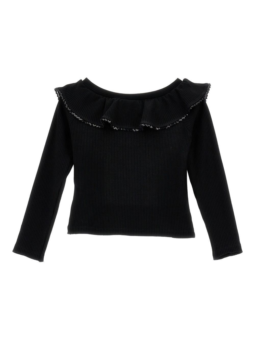 T-shirt per bambina Monnalisa nera con colletto con increspature - Rubino Kids