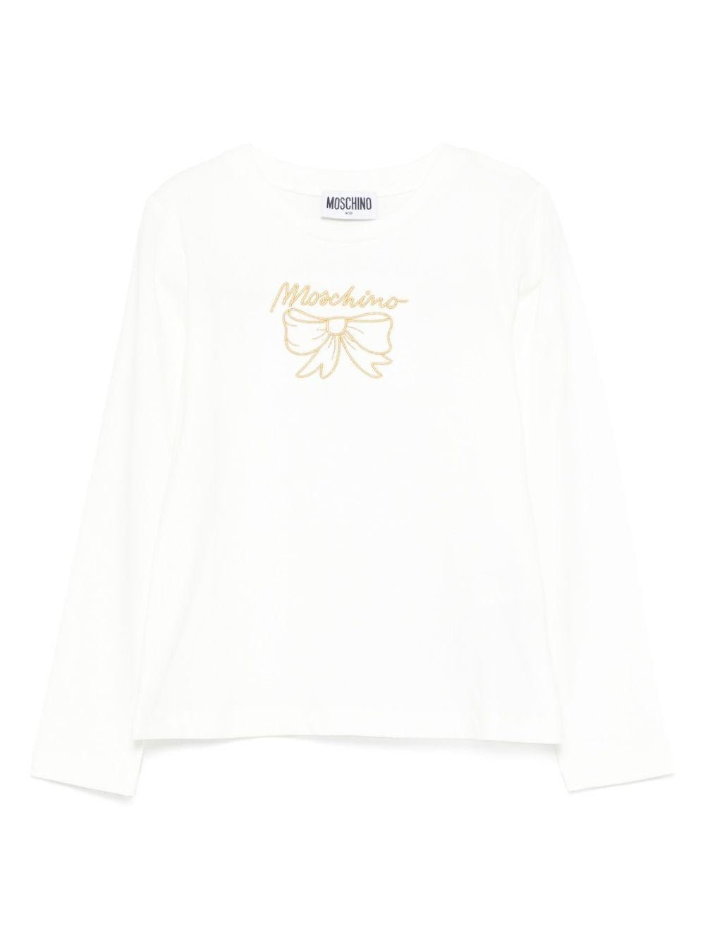 T-shirt per bambina Moschino Kids bianca con ricamo con fiocco - Rubino Kids