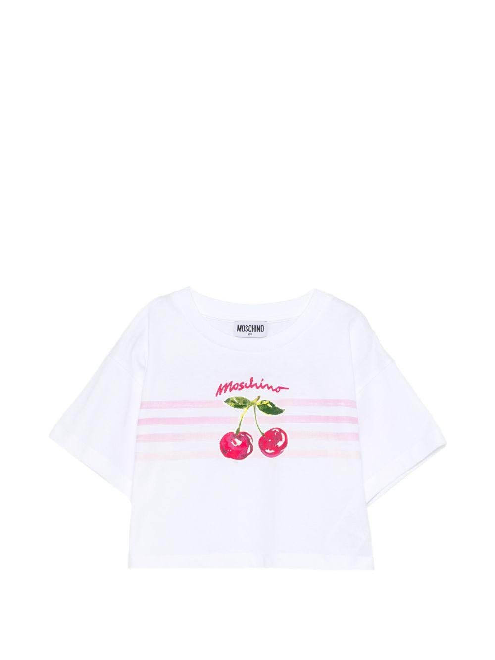 T-shirt per bambina Moschino Kids bianca con stampa ciliegie - Rubino Kids