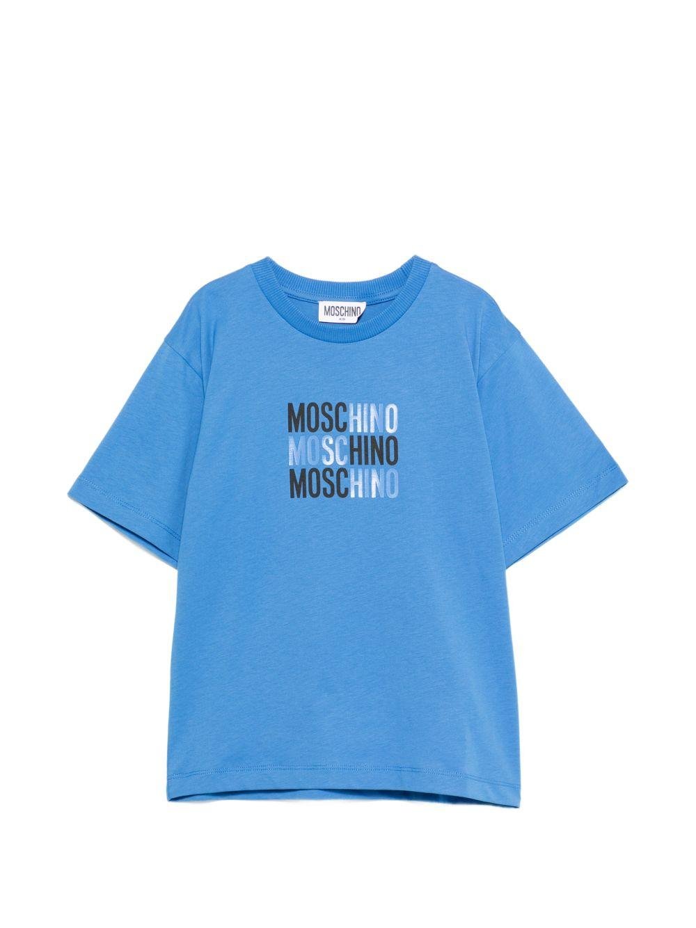 T-shirt per bambini Moschino Kids azzurro con logo sul davanti - Rubino Kids