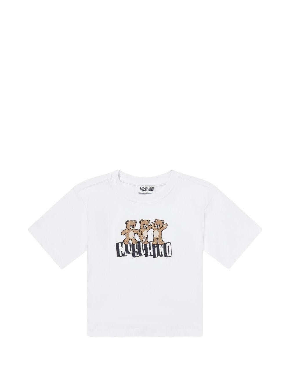 T-shirt per bambini Moschino Kids bianca con stampa grafica tre Teddy Bear - Rubino Kids