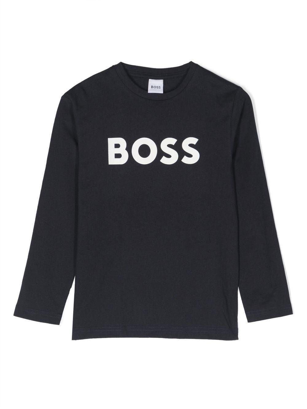 T-shirt per bambino Boss Kids blu con stampa logo sul davanti - Rubino Kids