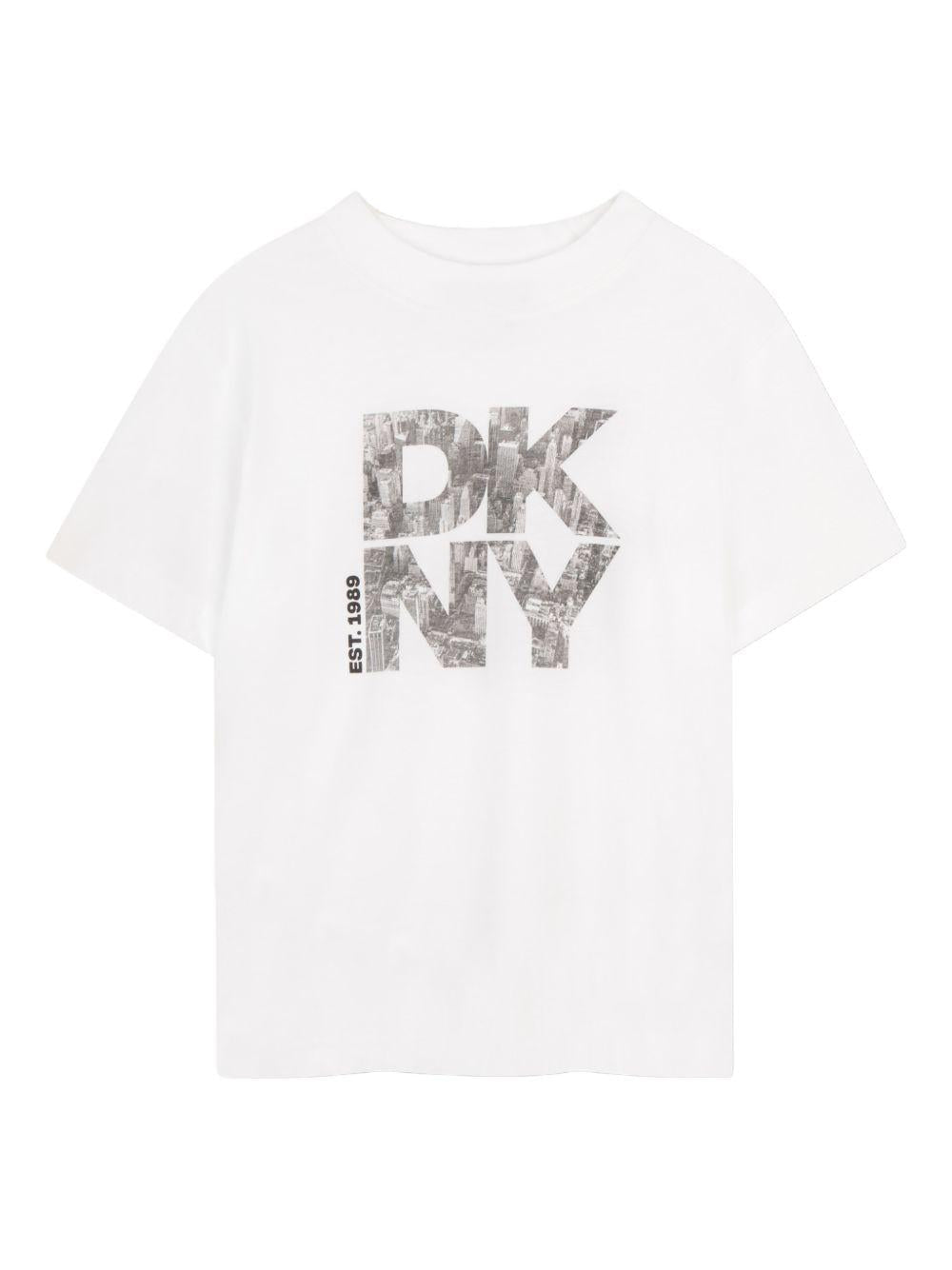 T-shirt per bambino DKNY Kids bianca con stampa logo sul davanti - Rubino Kids