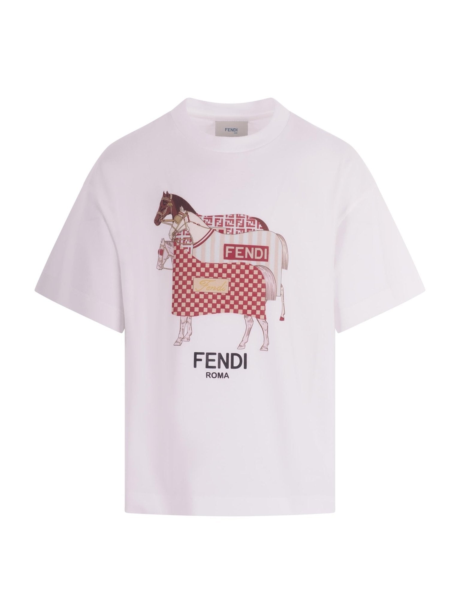 T-shirt per bambino Fendi Kids bianca con stampa Cavalli Fendi sul davanti - Rubino Kids