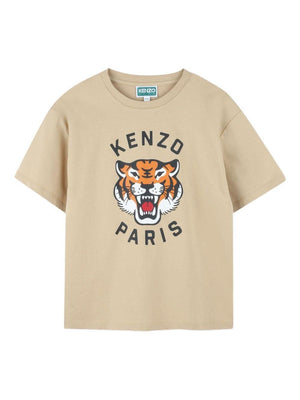 T-shirt per bambino Kenzo Kids beige con motivo Tiger