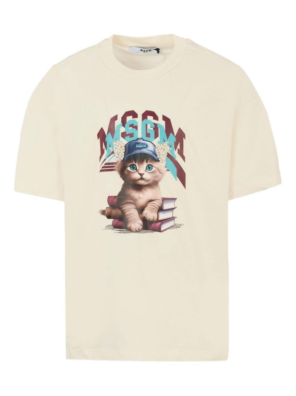 T-shirt per bambino MSGM Kids beige con stampa grafica gatto - Rubino Kids