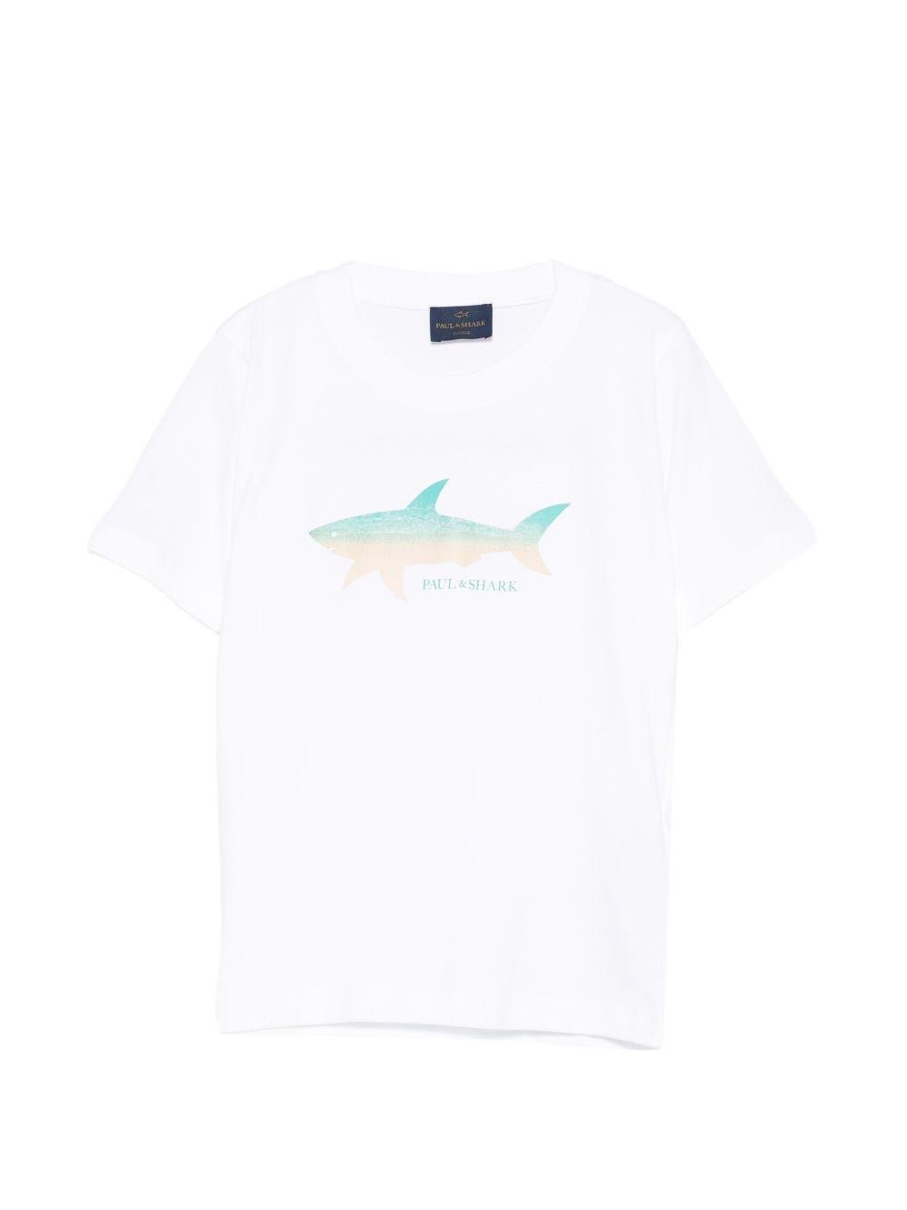 T-shirt per bambino Paul & Shark Kids bianca con stampa squalo sul davanti - Rubino Kids