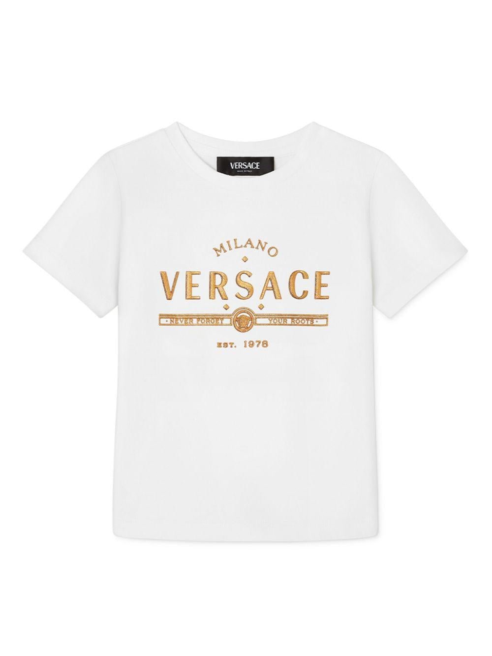 T-shirt per bambino Versace Kids bianco con logo color oro - Rubino Kids