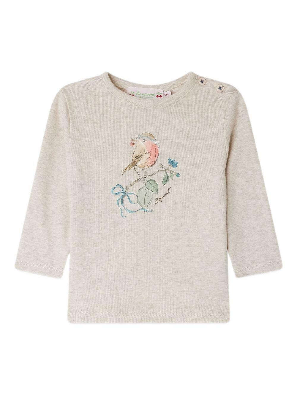 T-shirt per neonata Bonpoint beige con stampa uccellino e scollo rotondo - Rubino Kids