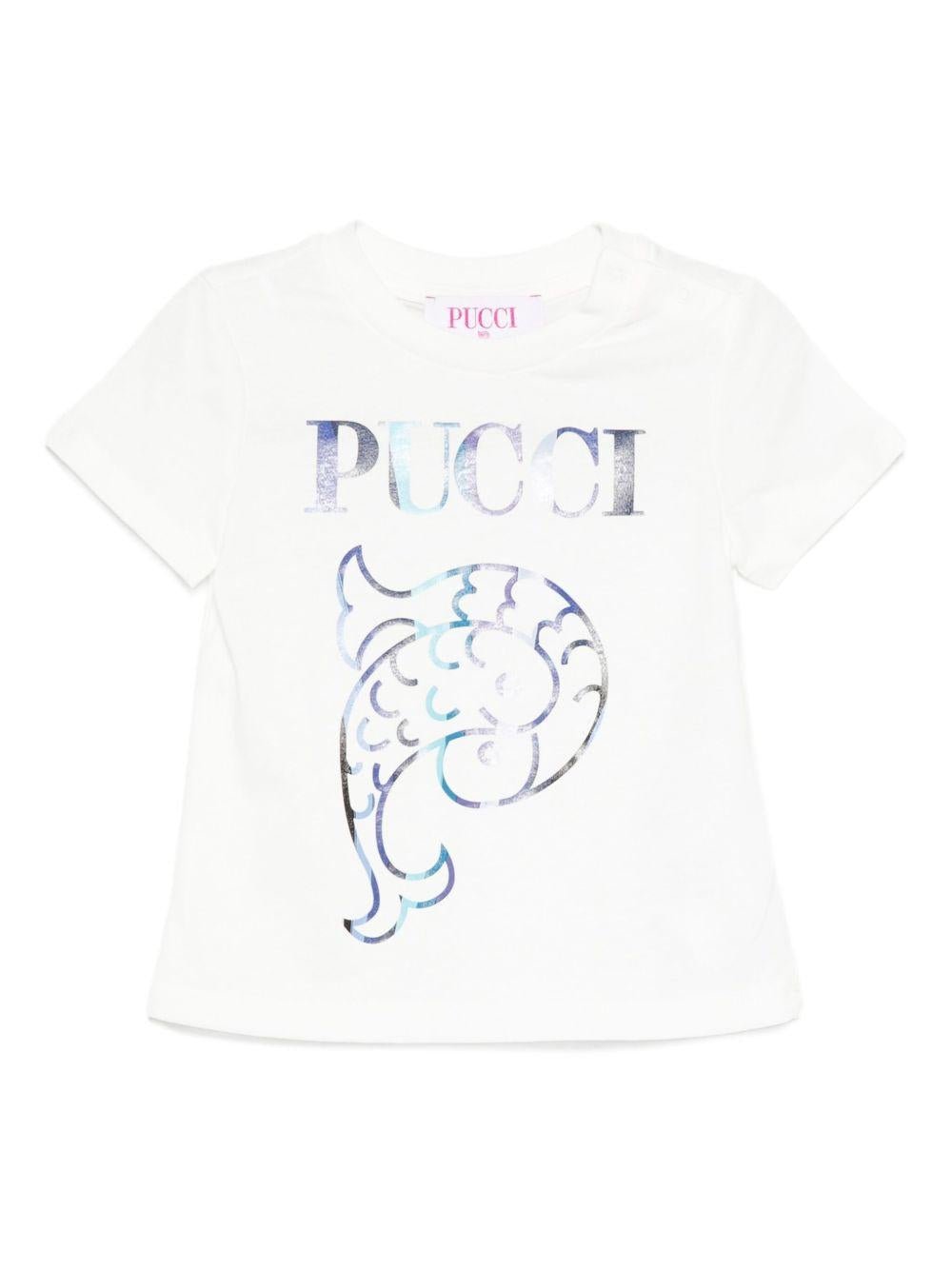 T-shirt per neonata Emilio Pucci Junior bianco a maniche corte con logo decorato - Rubino Kids