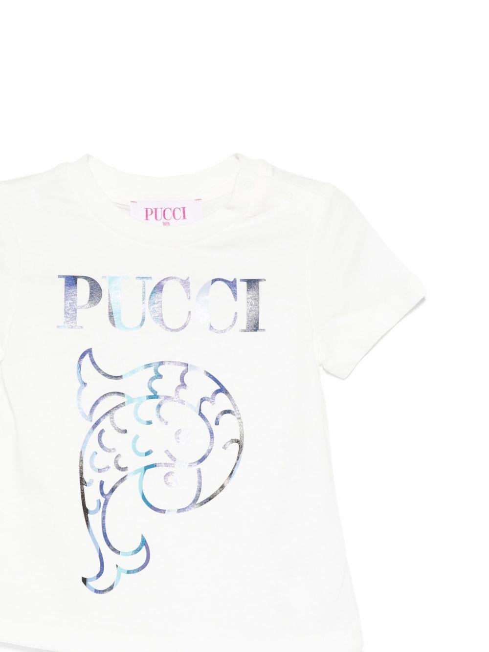 T-shirt per neonata Emilio Pucci Junior bianco a maniche corte con logo decorato - Rubino Kids