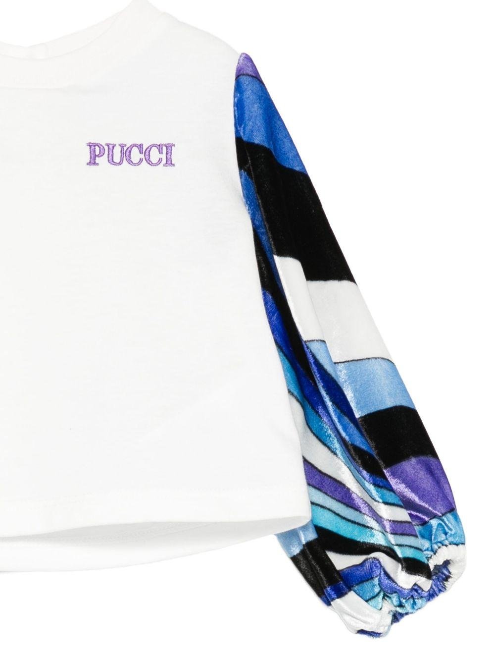 T-shirt per neonata Emilio Pucci Junior bianco con maniche a righe blu - Rubino Kids