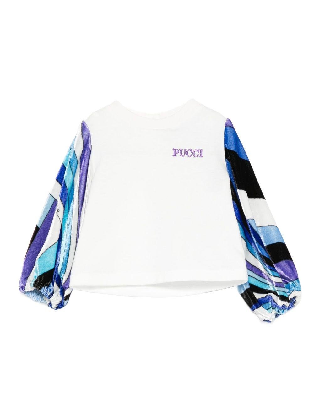 T-shirt per neonata Emilio Pucci Junior bianco con maniche a righe blu - Rubino Kids