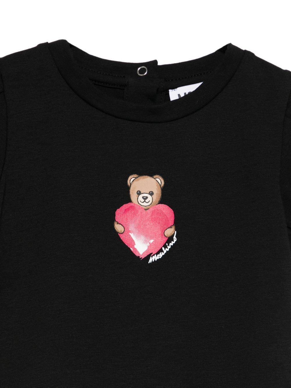 T-shirt per neonata Moschino Kids nera con stampa Teddy Bear con cuore - Rubino Kids