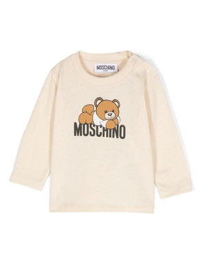 T-shirt per neonati Moschino Kids beige a maniche lunghe con stampa logo