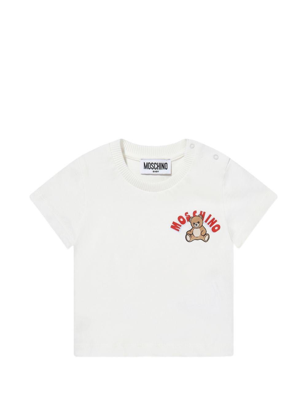T-shirt per neonati Moschino Kids bianca con logo sul davanti - Rubino Kids