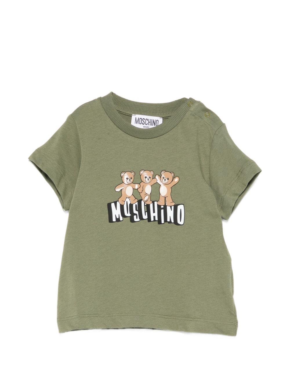 T-shirt per neonati Moschino Kids verde con stampa tre Teddy Bear - Rubino Kids