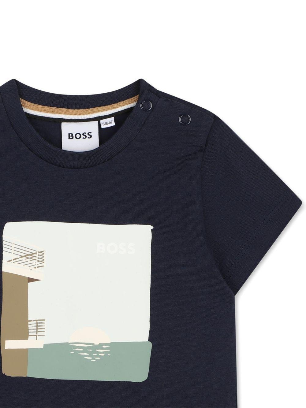 T-shirt per neonato Boss Kids blu con stampa grafica sul davanti - Rubino Kids