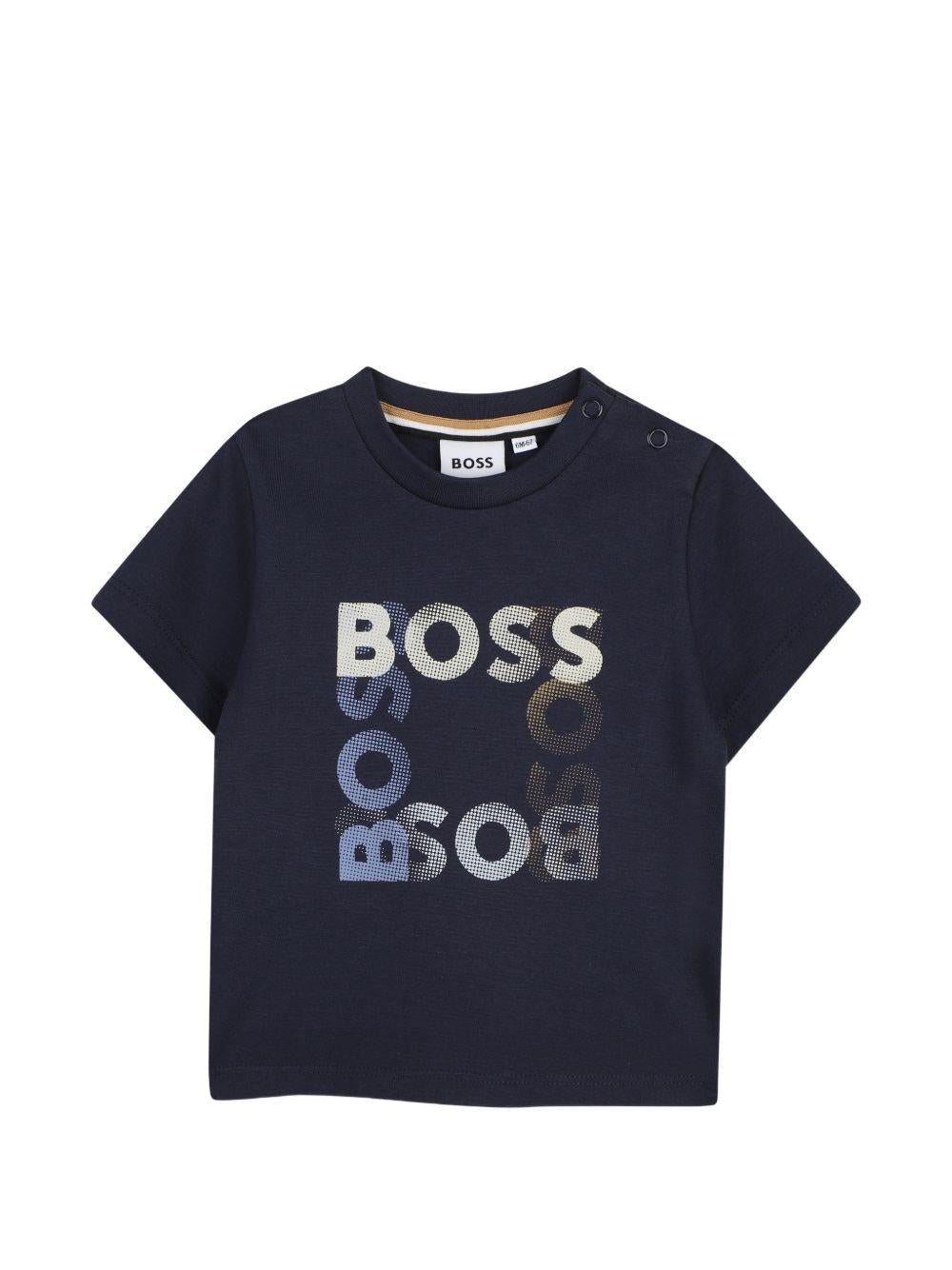T-shirt per neonato Boss Kids blu con stampa grafica sul davanti - Rubino Kids