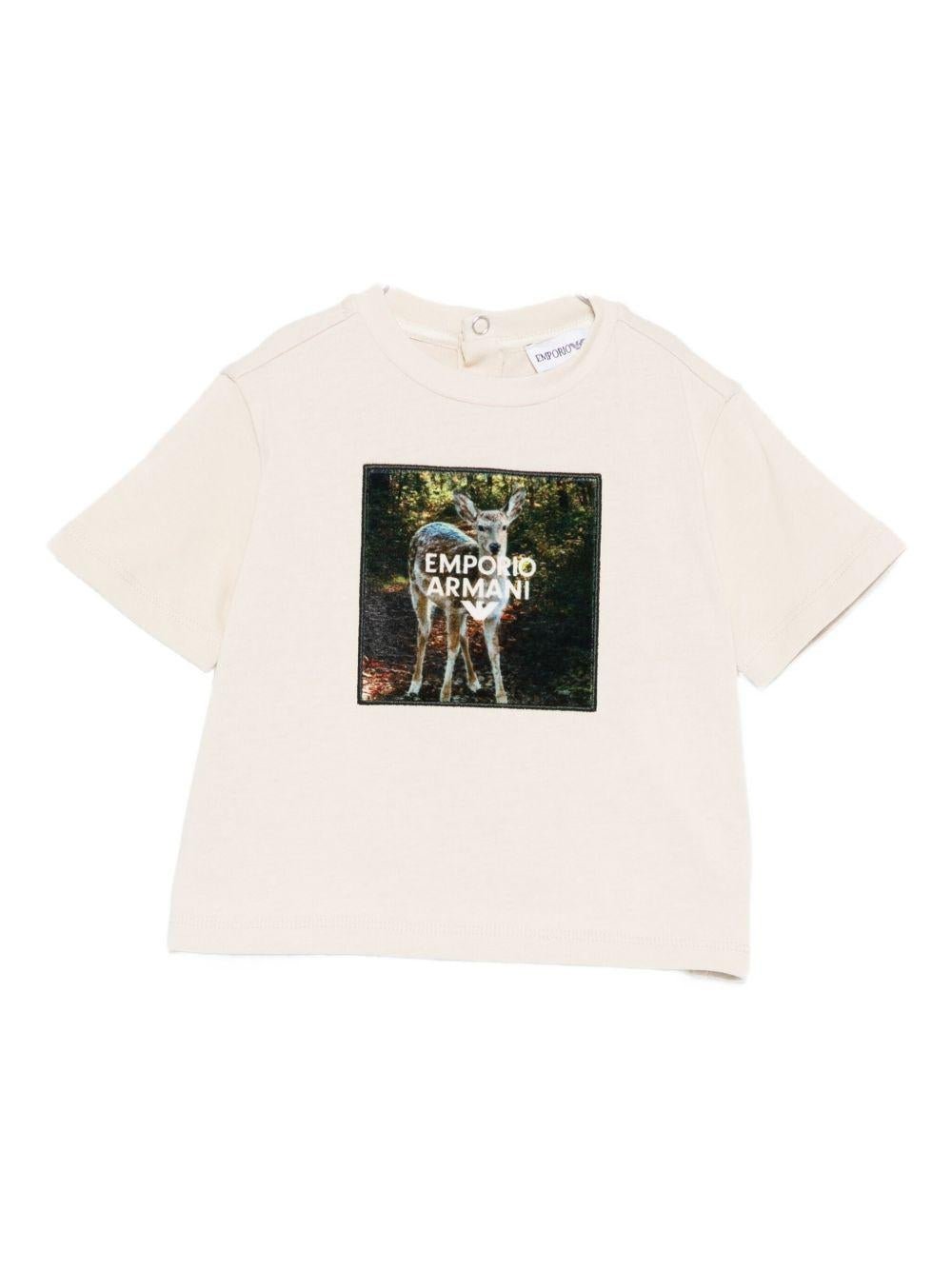 T-shirt per neonato Emporio Armani Kids beige con logo sul davanti - Rubino Kids