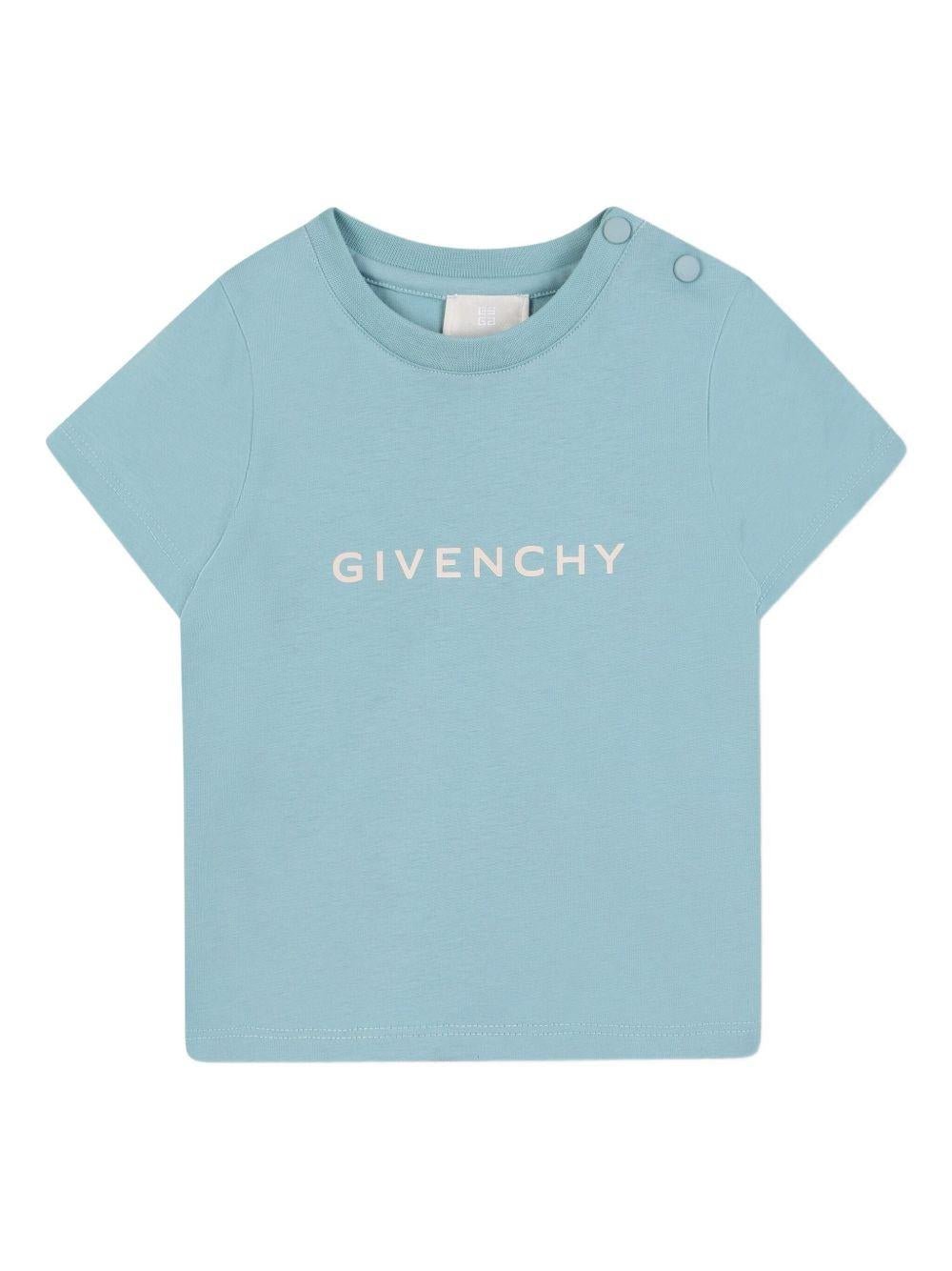 T-shirt per neonato Givenchy Kids azzurra con stampa logo frontale - Rubino Kids