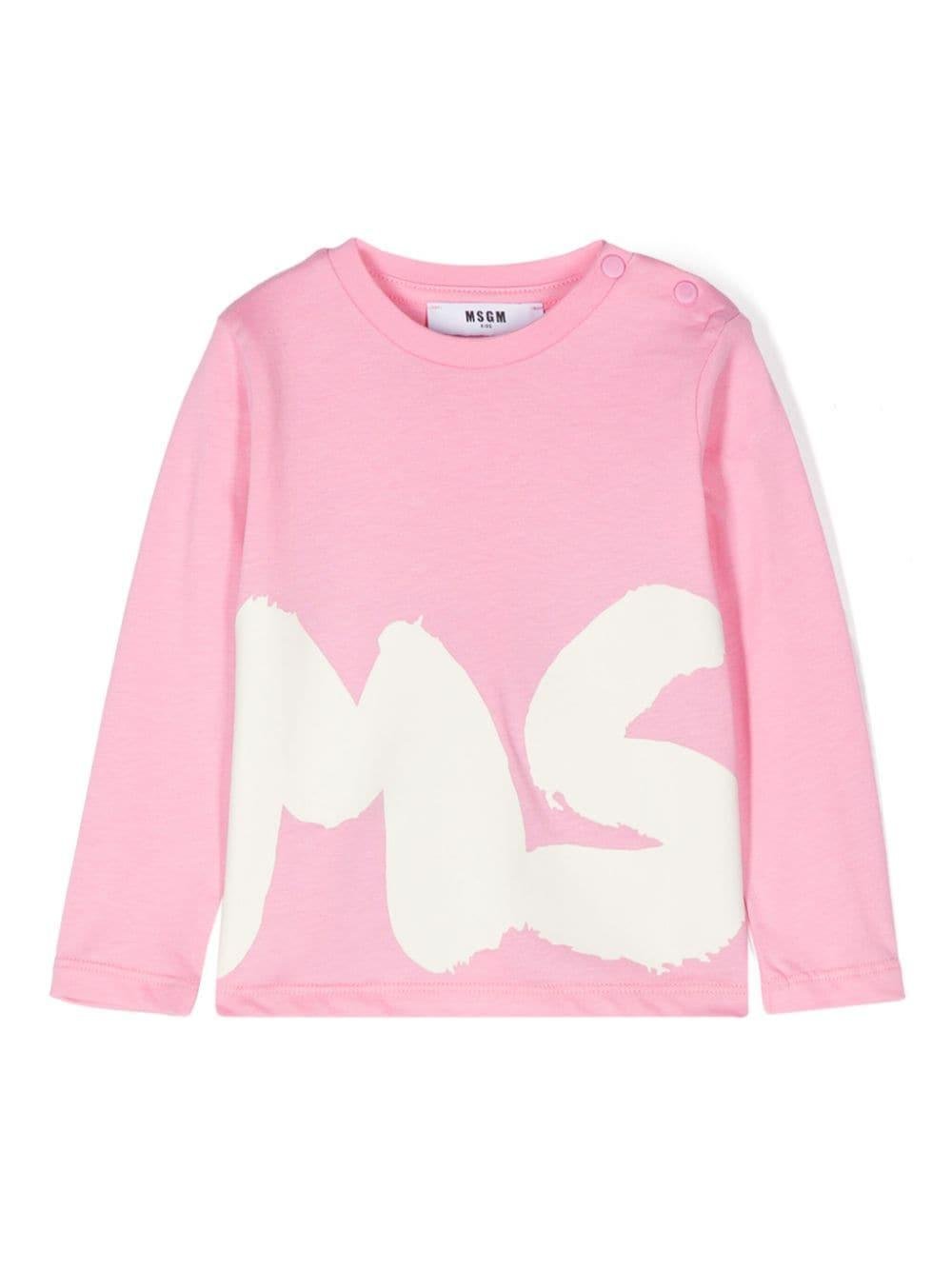 T-shirt rosa per bambina a maniche lunghe con stampa bianca MSGM maxi - Rubino Kids
