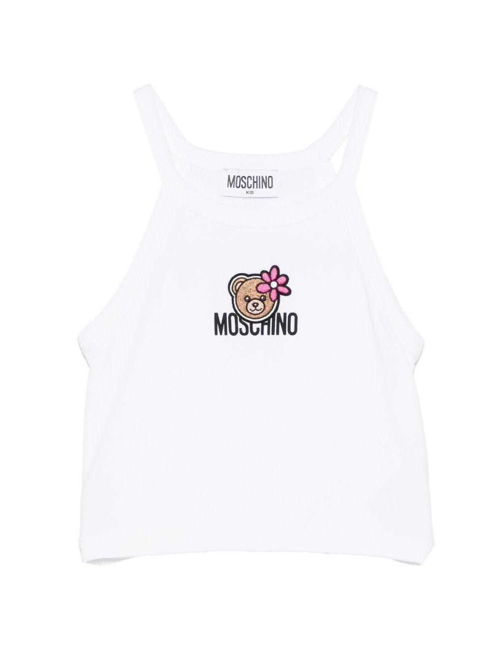 Top per bambina Moschino Kids bianca con stampa Teddy Bear con fiore - Rubino Kids