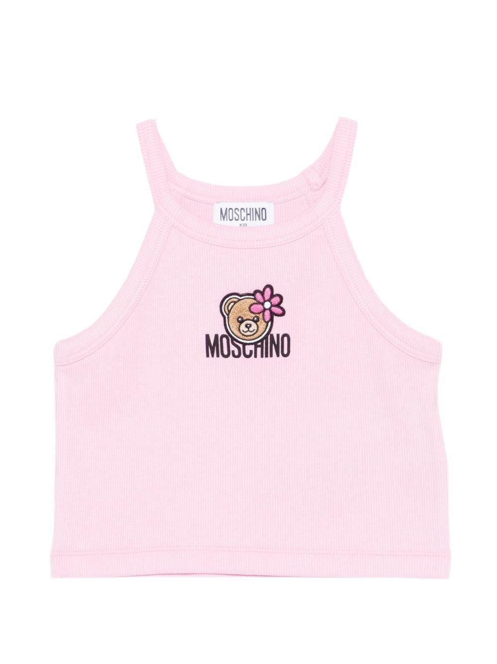 Top per bambina Moschino Kids rosa con stampa Teddy Bear con fiore - Rubino Kids