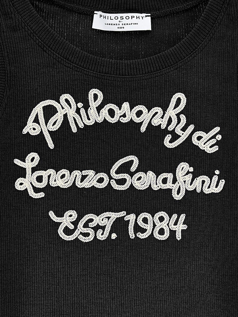 Top per bambina Philosophy di Lorenzo Serafini Kids nera con logo ricamato sul davanti - Rubino Kids