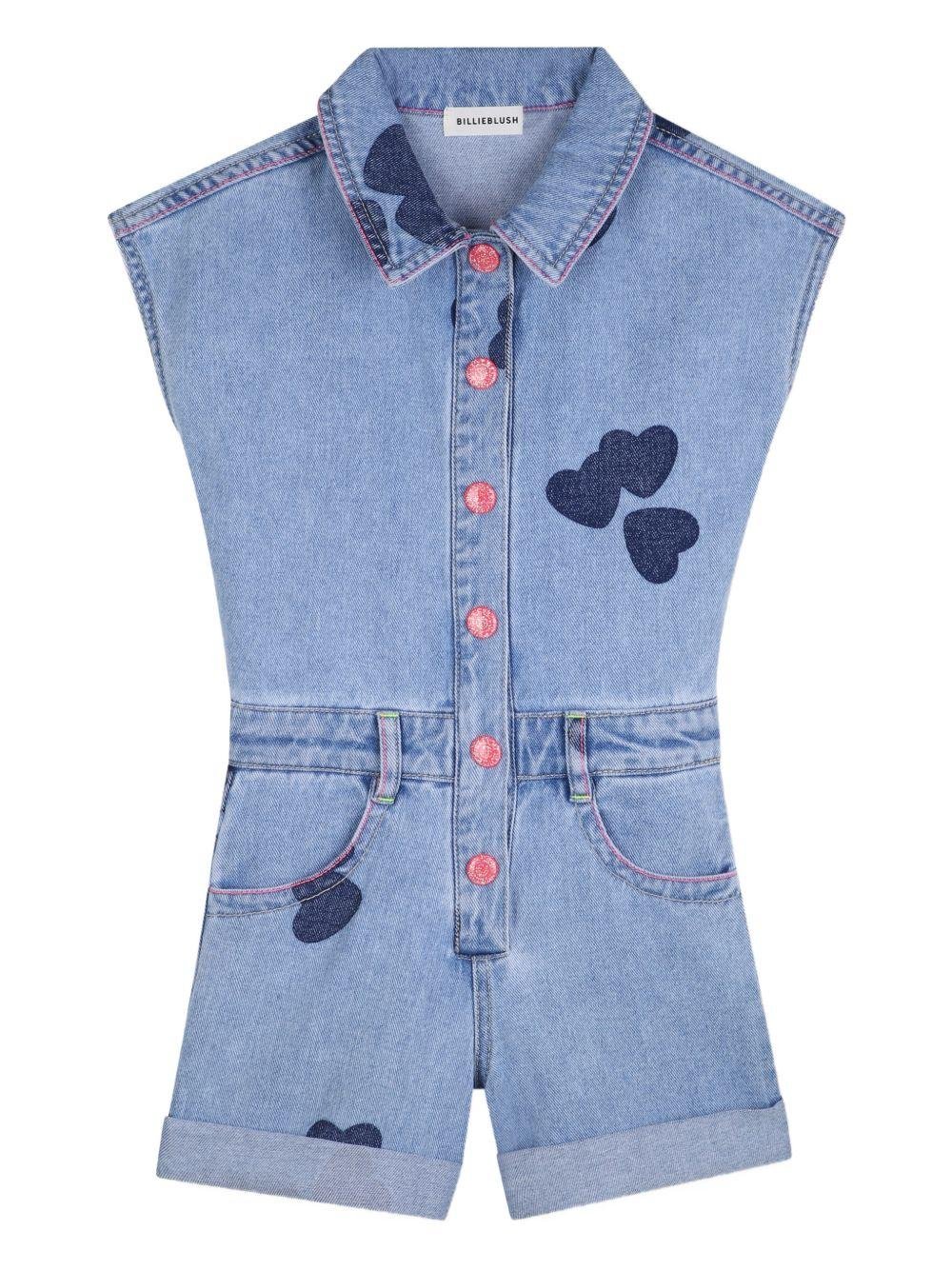 Tuta corta per bambina Billieblush in denim con stampa cuori - Rubino Kids