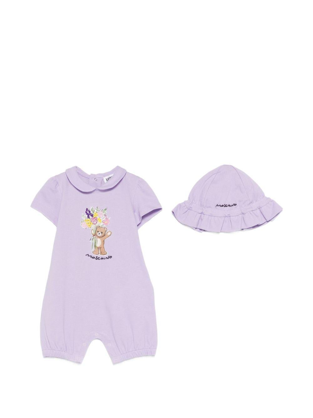 Tutina e cappellino per neonata Moschino Kids lilla con stampa Bear - Rubino Kids