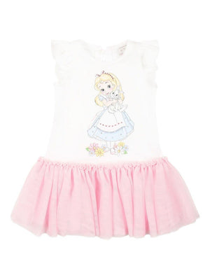 Abito in cotone per neonata Monnalisa bianco con stampa Alice