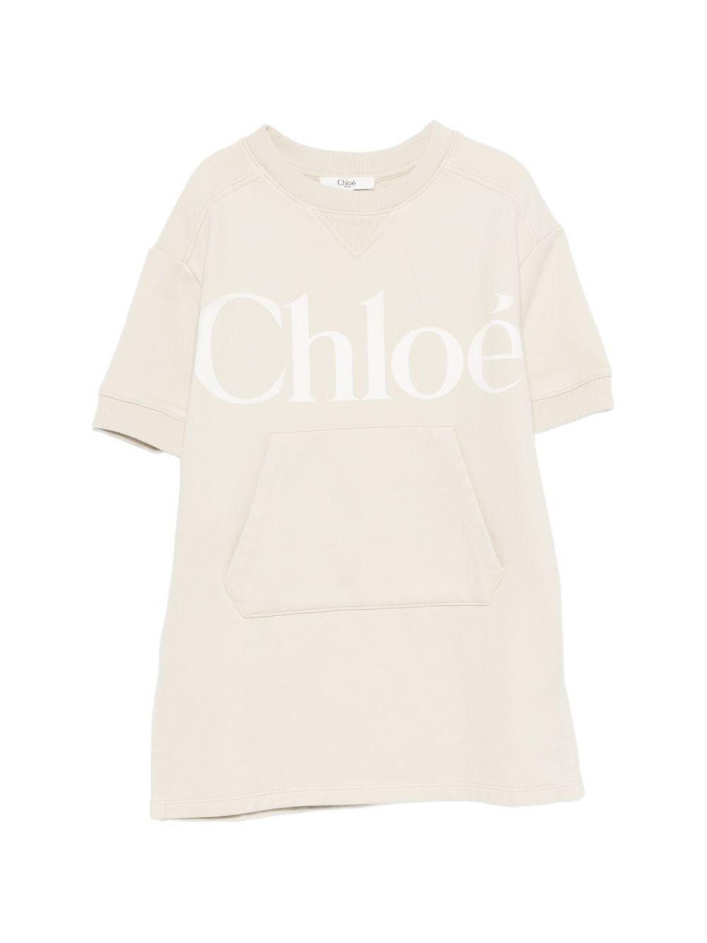 Abito per bambina Chloé Kids beige con logo sul davanti - Rubino Kids