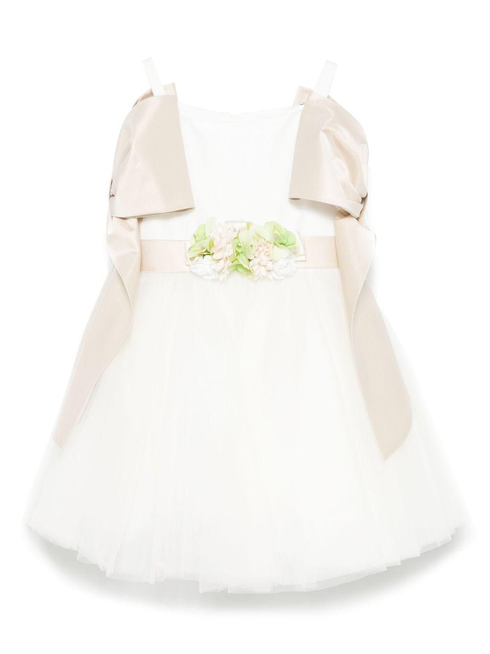 Abito per bambina Colorichiari bianco con fiocco e applicazione a fiori - Rubino Kids