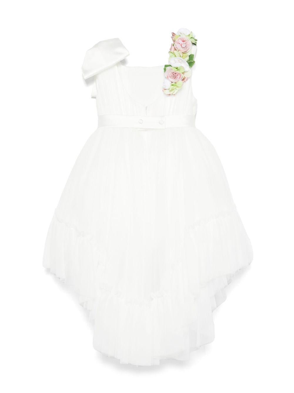 Abito per bambina Colorichiari bianco in tulle con fiocco e applicazione a fiori - Rubino Kids