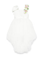 Abito per bambina Colorichiari bianco in tulle con fiocco e applicazione a fiori - Rubino Kids