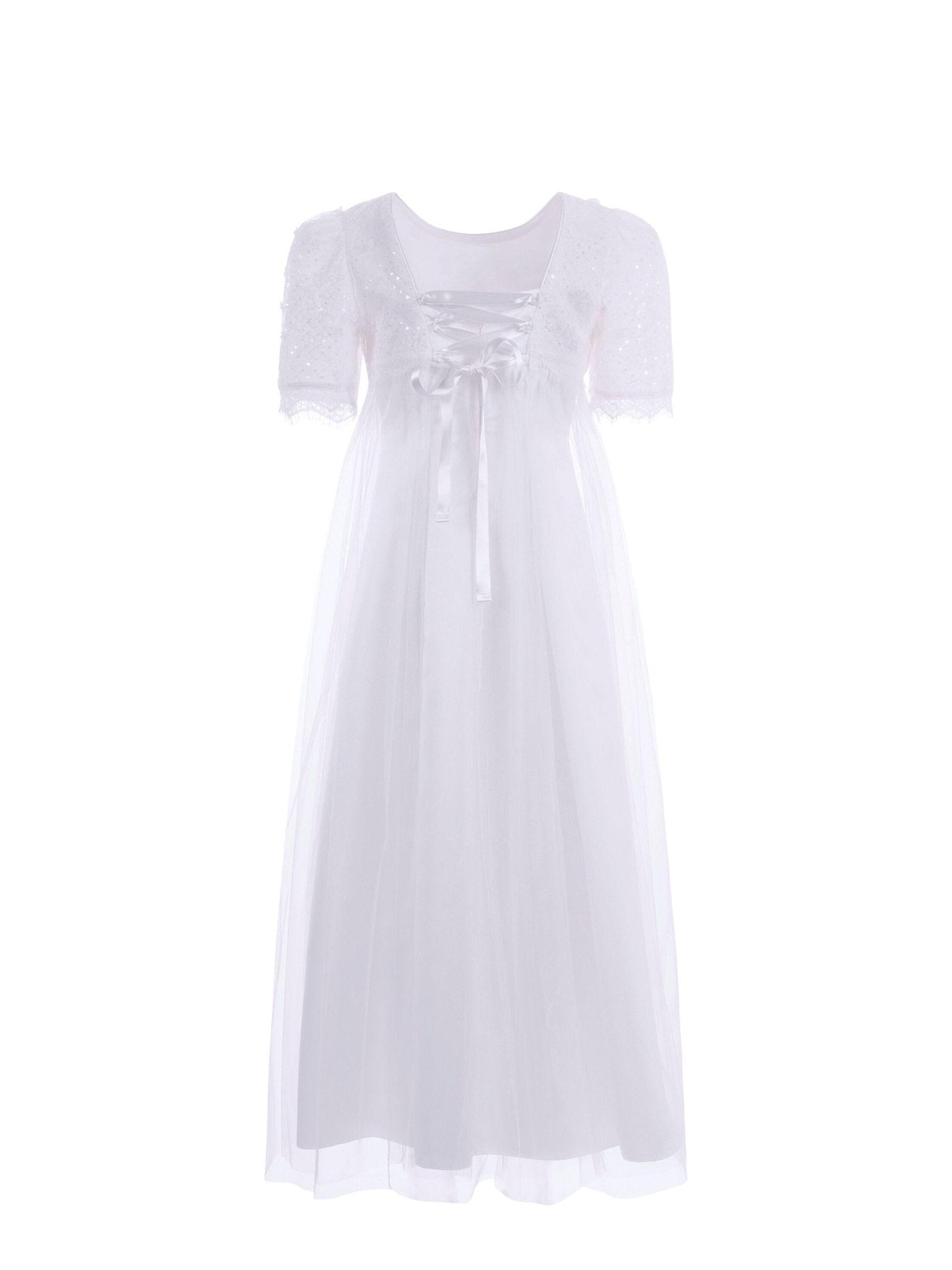 Abito per bambina Monnalisa bianco con applicazione fiori e paillettes - Rubino Kids