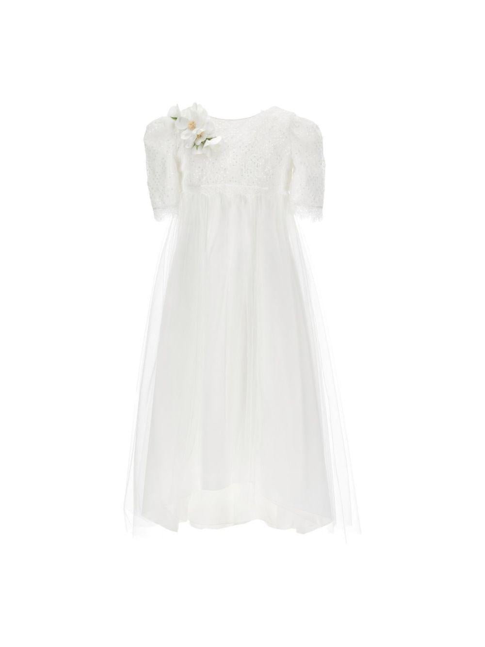 Abito per bambina Monnalisa bianco con applicazione fiori e paillettes - Rubino Kids