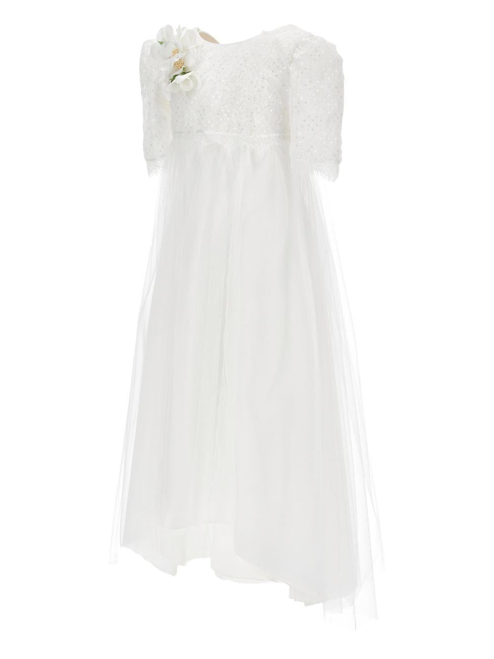 Abito per bambina Monnalisa bianco con applicazione fiori e paillettes - Rubino Kids