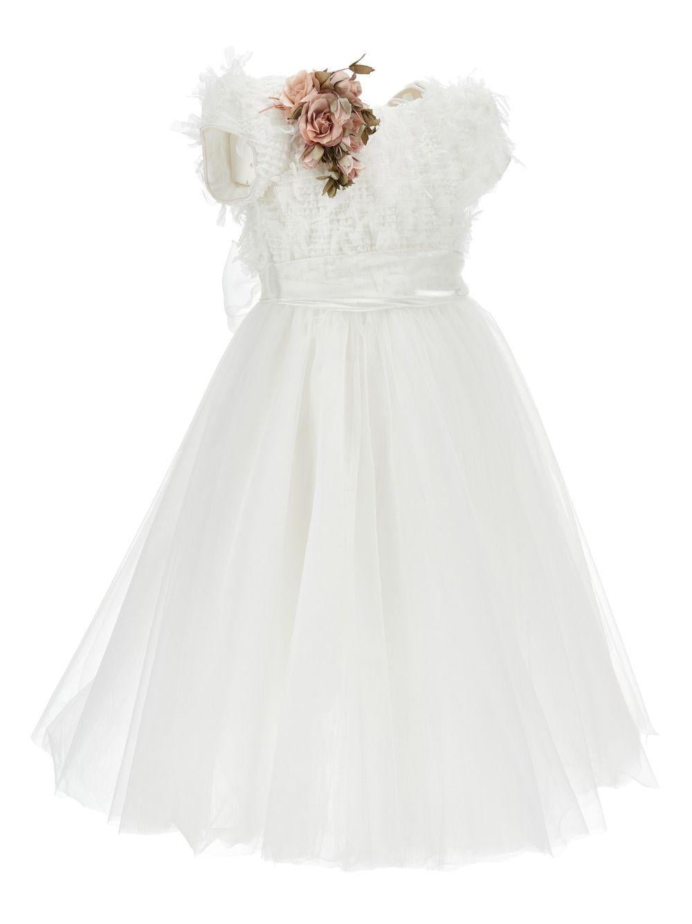 Abito per bambina Monnalisa bianco con applicazione fiori - Rubino Kids