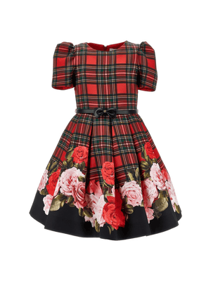 Monnalisa red dress for girls with checked pattern and floral print