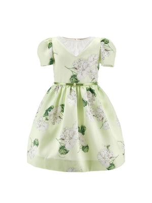 Abito per bambina Monnalisa verde con stampa grafica a fiori con cintura