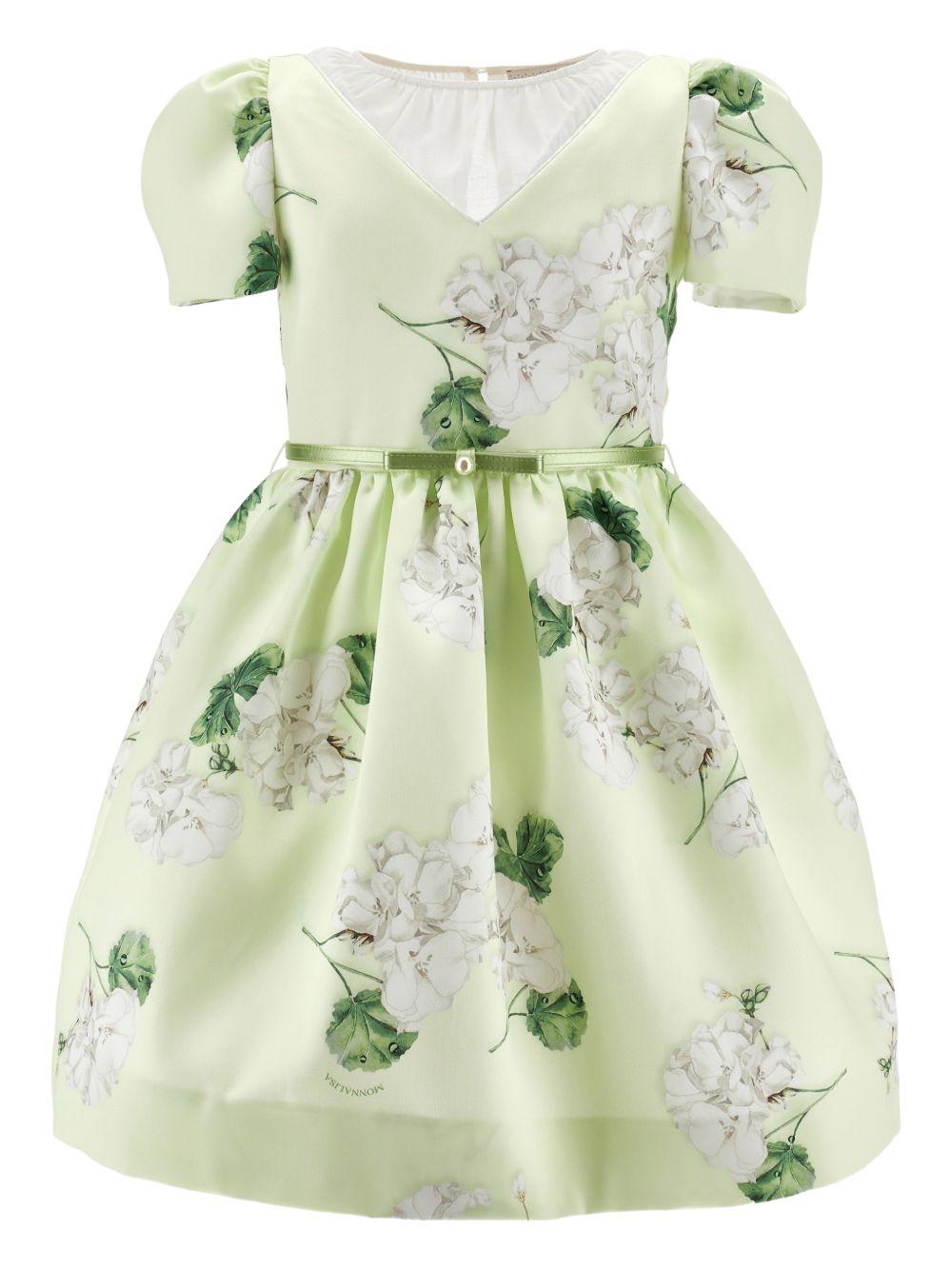 Abito per bambina Monnalisa verde con stampa grafica a fiori con cintura - Rubino Kids