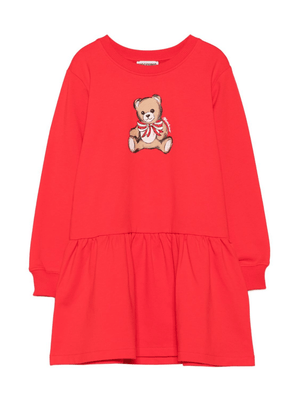 Moschino Kids red dress for girls with Teddy Bear print