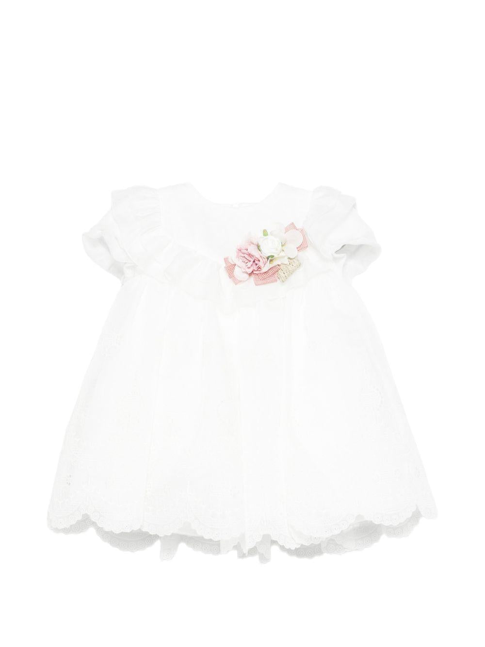 Abito per neonata Colorichiari bianco con ruches e applicazioni floreali - Rubino Kids