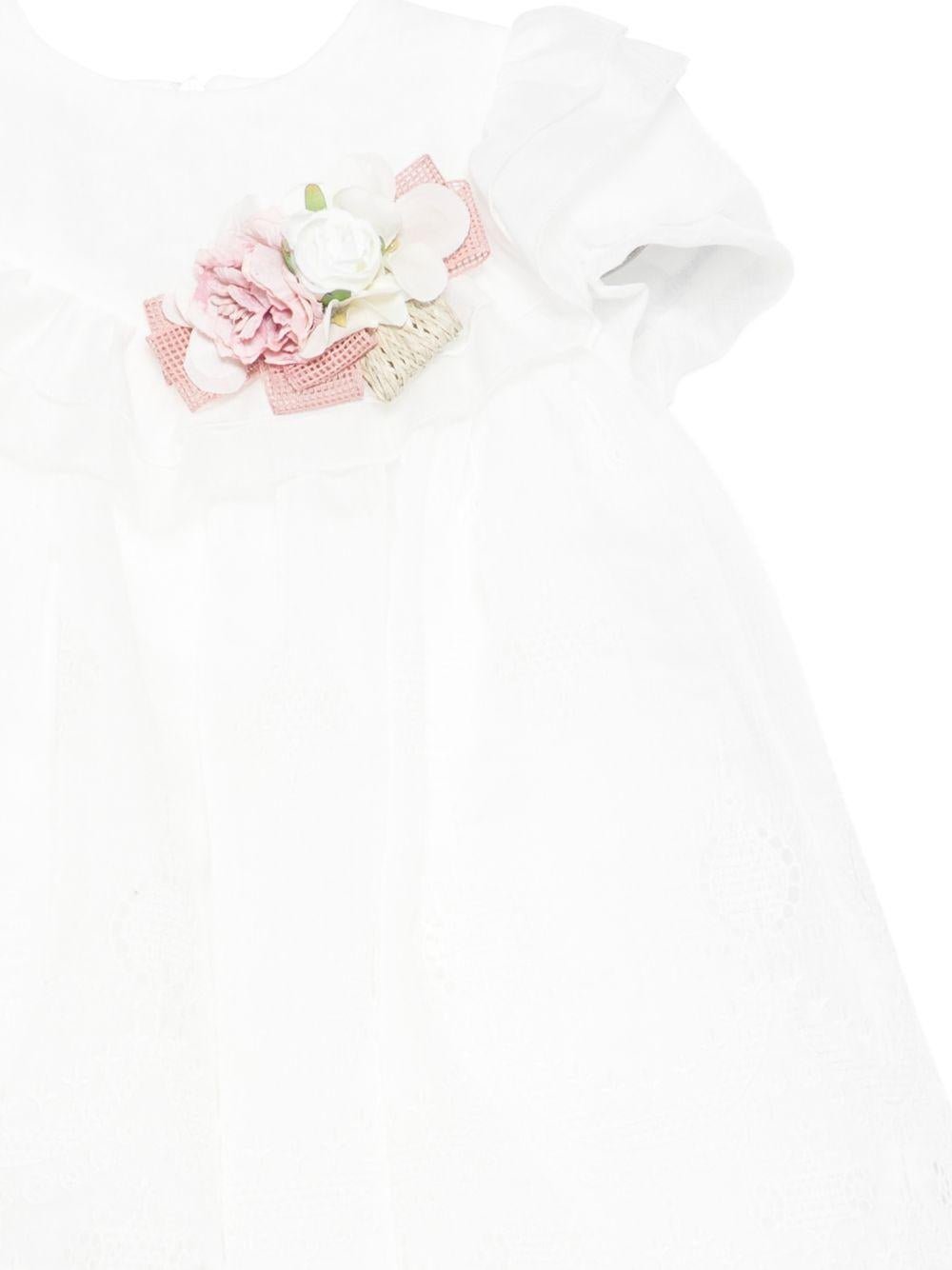 Abito per neonata Colorichiari bianco con ruches e applicazioni floreali - Rubino Kids