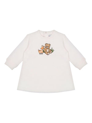 Abito per neonata Moschino Kids bianco con stampa animali