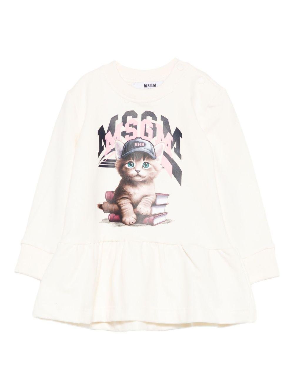 Abito per neonata MSGM Kids bianco con stampa gatto - Rubino Kids