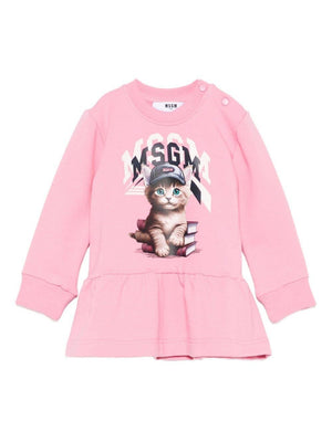 MSGM Kids pink baby girl dress with cat print
