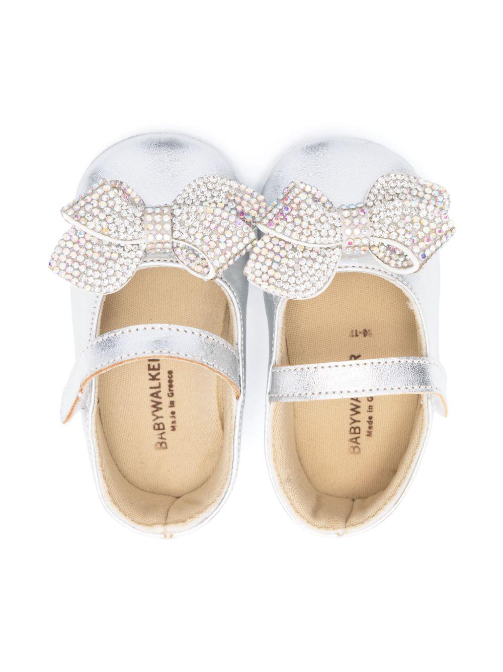 Ballerine con fiocco e cristalli per neonata BabyWalker argento con chiusura a strappo - Rubino Kids